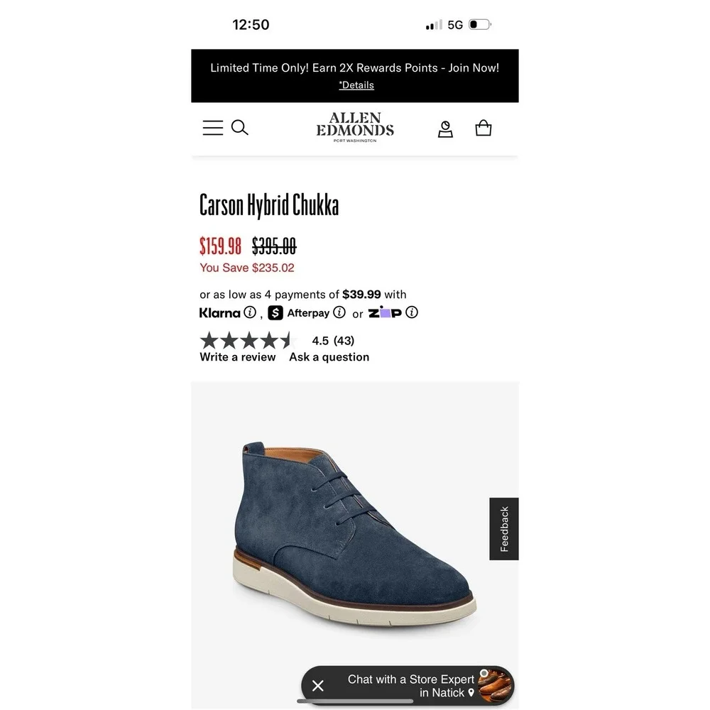 Allen Edmonds, Carson Hybrid Chukka Boots, Sea‎ Suede, Size 10D